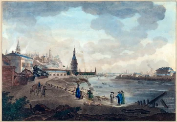 Veduta del Cremlino di Mosca dal ponte di pietra sulla Moscova