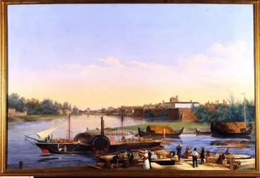 Veduta del porto di Pavia sul Po e del piroscafo Principessa Clementina
