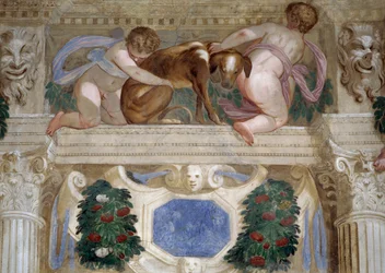 Putti con un levriero, festoni di frutta e mascheroni
