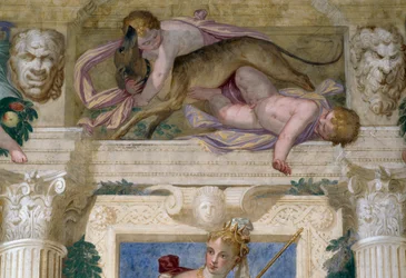 Putti con un levriero e mascheroni