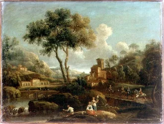 Paesaggio fluviale boscoso con viaggiatori