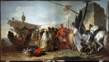Giulio Cesare incontra Cleopatra. Dipinto di Giandomenico Tiepolo (1727-1804). Olio su tela, 337 x 608 cm