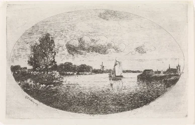 Veduta del fiume con una barca a vela