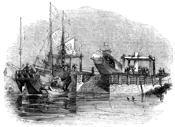 Barca trainata su una chiusa o serratura su un canale, 1847