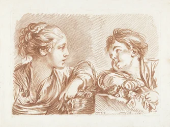 Giovane donna con cesto di fiori e ragazzo