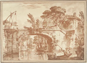 Paesaggio meridionale con ponte e case vicino al fiume
