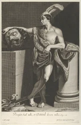 Davide in piedi con le gambe incrociate e tenendo la testa di Golia su un piedistallo, ca. 1635-45