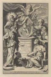 Figure bibliche rivelano il ritratto di Mosè (pagina del titolo per Wilhelmus Goeree, Voor-bereidselen tot de bybelsche wysheid, en gebruik der heilige en kerklijke historien, 1690)