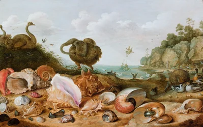 Conchiglie e uccelli, tra cui un dodo, in riva al mare, Perseo che salva Andromeda sullo sfondo