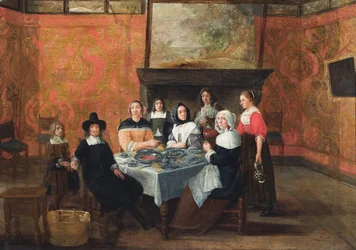 Interno con famiglia a tavola (olio su tela)