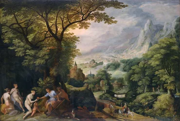 Paesaggio montuoso in cui è rappresentato il "Giudizio di Parigi".