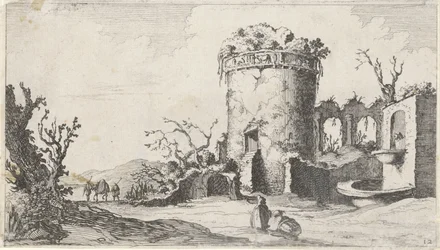 Fontana presso una rovina con una torre rotonda