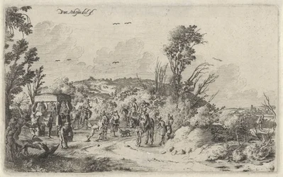 Carrozza e cavalieri su una strada di campagna