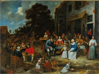 Una compagnia che banchetta fuori da una taverna