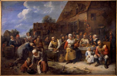 Il banchetto del villaggio. Scena di festa in un villaggio, i contadini sono a tavola. Dipinto di Gillis Van Tilborgh il giovane (1625-1678) XVII secolo. Rouen, Museo delle Belle Arti