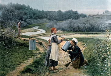 Un cacciatore beve da una giovane donna, Russia, c1890