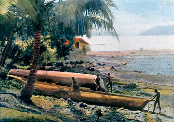 Costruzione di canoe, Isole Andamane e Nicobare, Oceano Indiano, c1890