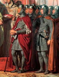 Terza crociata (1189-1192): Incontro e stretta di mano tra Filippo Augusto (Filippo II di Francia) e il suo presidente.
