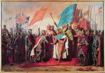 Terza crociata (1189-1192): Incontro e stretta di mano tra Filippo Augusto (Filippo II di Francia) e il suo presidente.