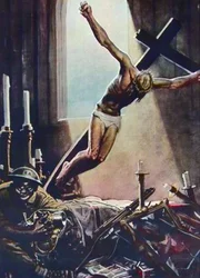 Manifesto antiamericano della Seconda guerra mondiale - americano nero che saccheggia una chiesa - manifesto di Gino Boccasile (1901-1952) - propaganda italiana anti USA 1943 - manifesto di Gino Boccasile (1901-1952)