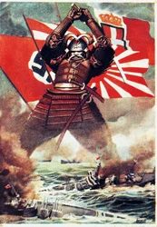 Samurai giapponesi affondano la flotta americana a Pearl Harbor (7 dicembre 1941), manifesto di Gino Boccasile (1901-1952), Seconda guerra mondiale, Italia, XX secolo