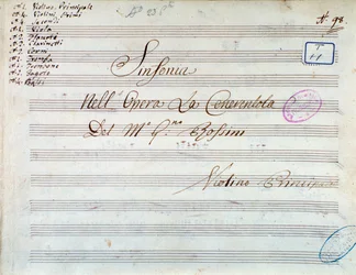 Pagina del titolo della partitura musicale per violino per la sinfonia in Cenerentola, o La bontà trionfante di Gioacchino Rossini