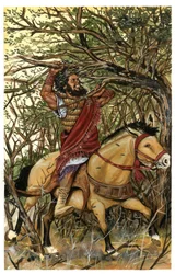 Rappresentazione di Absalom (o Avshalom, Absalom), figlio di Davide, nella foresta di Efraim; i suoi capelli sono raccolti tra i rami di una quercia.
