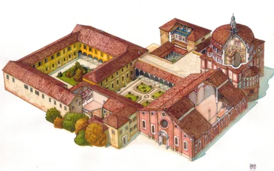 Veduta aeriana della chiesa di Santa Maria delle Grazie, fondata nel 1463 dai Domenicani, a Milano, Italia. Nel refettorio è visibile la Cene di Leonardo da Vinci (Cenacolo).