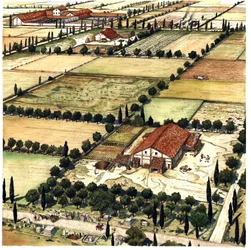 Roma antica: ricostruzione di un piano di assetto del territorio noto come "Centuriazione romana" finalizzato a ritagliare geometricamente un territorio agricolo nelle colonie, seguendo le unità (o secoli) romane, Italia