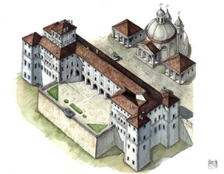 Arte barocca: veduta aeriana del palazzo Chigi ad Ariccia, nel Lazio, nel XVII secolo. Italia