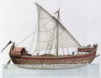 Impero bizantino: ricostruzione di un dromone, nave da guerra, IX-XI secolo.