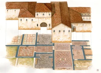 Arte bizantina: veduta della Domus dei tappeti di pietra a Ravenna (Ravenna) nel VI secolo, composta da mosaici di un palazzo bizantino.