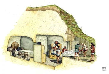 Civiltà etrusca: ricostruzione e taglio della tomba delle statue, necropoli di Ceri. VII secolo a.C. Italia Illustrazione di Giorgio Albertini.