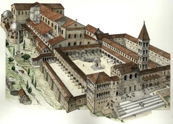 Medioevo: Antica basilica di San Pietro a Roma (Basilica di San Pietro o Basilica di Costantino) 1300 ca, Roma Italia