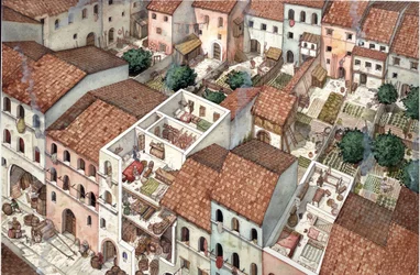 Medioevo: veduta aeriana di abitazioni, vedute trasversali degli interni delle abitazioni di Firenze, Italia, nel XIII secolo.