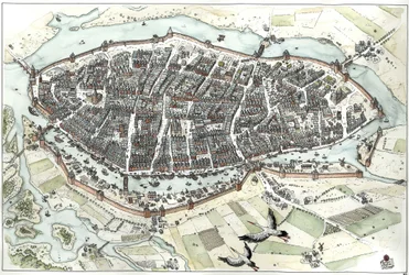 Medioevo: veduta aerea della città di Lubecca in Germania con mappa stradale, che mostra la sua posizione geografica su un