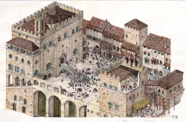 Medioevo: veduta aerea della piazza centrale della città di Gubbio (Umbria) nel XIV secolo. Il Palazzo dei Consoli è visibile sulla sinistra.