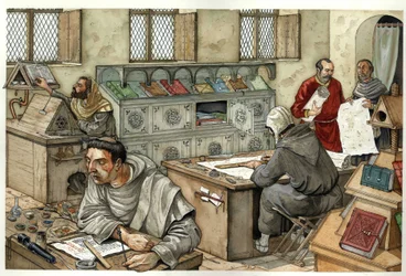 Medioevo: monaci che copiano manoscritti in uno scriptorium nel XIII secolo. llustrazione di Giorgio Albertini.