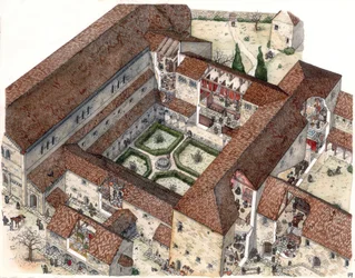 Medioevo: la ricostruzione di un monastero e la vita delle monache o dei monaci. I tagli permettono di vedere le scene interne. Illustrazione di Giorgio Albertini. (L