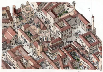 Medioevo: ricostituzione dello storico quartiere Barri Gotic (barrio gotico) di Barcellona nel XIV secolo. È visibile la Cattedrale Sainte-Eulalie (Santa Eulalia). Spagna Illustrazione di Giorgio Albertini. (L