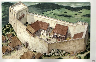 Medioevo: ricostruzione del castello cataro di Montsegur (completato nel XIII secolo), Ariege, Francia.