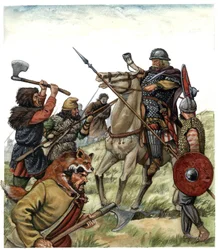 Medioevo: scena della battaglia di Roncisvalle (Paesi Baschi spagnoli), un cavaliere franco dell