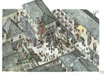 Medioevo: veduta di un palazzo della nobiltà mercantile (Curia o curia) di Genes nel XV secolo, scene di strada, Italia Illustrazione di Giorgio Albertini.