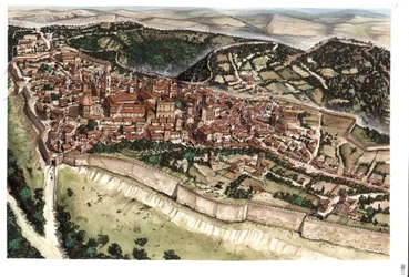Medioevo: veduta della città medievale di Volterra, circondata da bastioni, nel XIV secolo. Toscana. Italia Illustrazione di Giorgio Albertini. (L