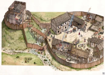 Medioevo: villaggio costruito sulla riva di un fiume, bastioni in legno e una torre fortificata. XI secolo