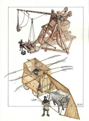 Medioevo: macchina da guerra, modello di catapulta e carro armato sparato da buoi con lance affilate.