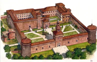 Panoramica del Castello Sforzesco, costruito dal duca Francesco Sforza nel XV secolo a Milano, Italia.