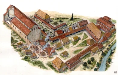 Arte preromana: veduta aeriana del monastero di San Vincenzo al Volturno (Abbadia di San Vincenzo al Volturno) fondato nell