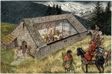 Ricostruzione di un ospedale (ospizio o rifugio) di pelerini a Moncenisio (Montcenis) nelle Alpi, Italia