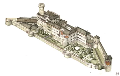 Ricostruzione del castello del Buonconsiglio, antica residenza dei principi evechi di Trento. Italia Illustrazione di Giorgio Albertini. (L